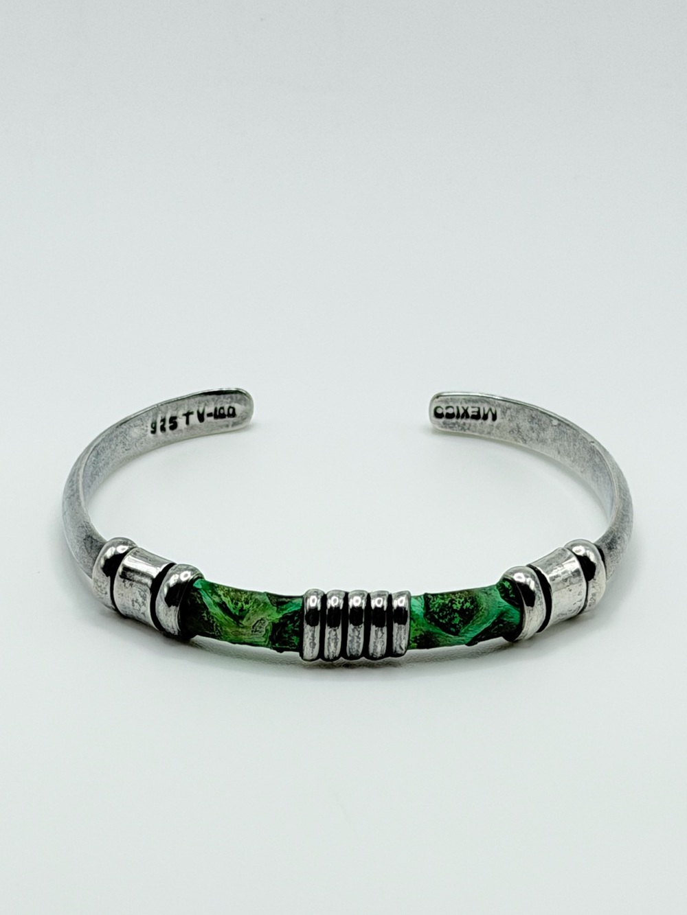 Vintage Taxco Mexico 925 Sterling Silver Green Iguana Leather Cuff Bracelet 6-7”